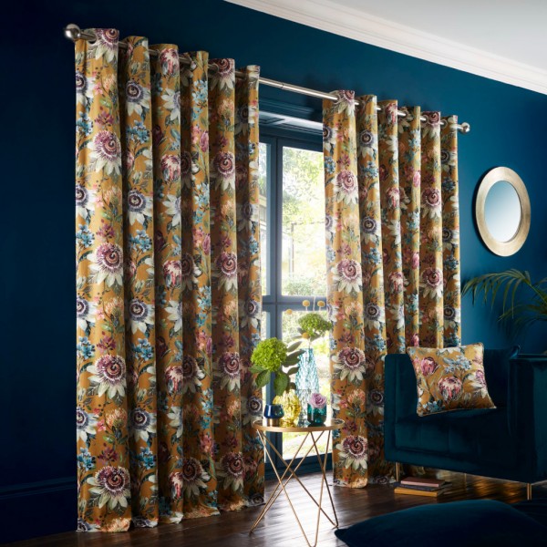 Pasionaria Ochre Eyelet Curtains and Cushion by Studio g